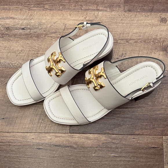 Tory Burch White Sandals with Gold Logo - Picture 2 of 6